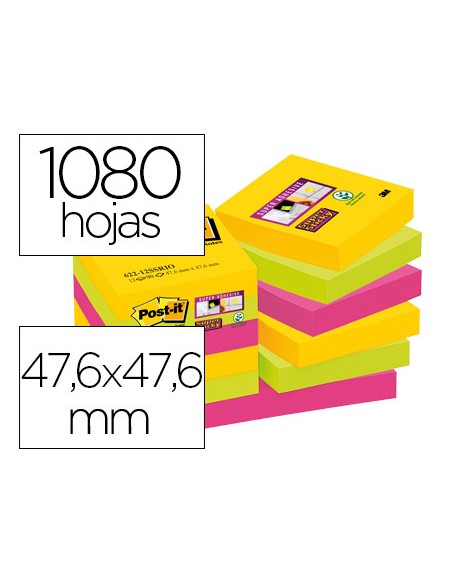 Bloc de notas adhesivas quita y pon post it super sticky 476x476 mm con 90 hojas pack de 12 bloc colores