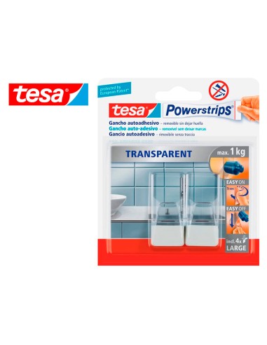 Gancho autoadhesivo tesa powerstrips grande transparente acero tiras sujecion hasta 1 kg