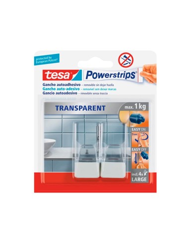 Gancho autoadhesivo tesa powerstrips grande transparente acero tiras sujecion hasta 1 kg