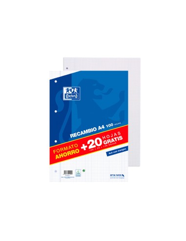 Recambio oxford a4 100 20 hojas gratis 90 gr cuadro 4mm 4 taladros