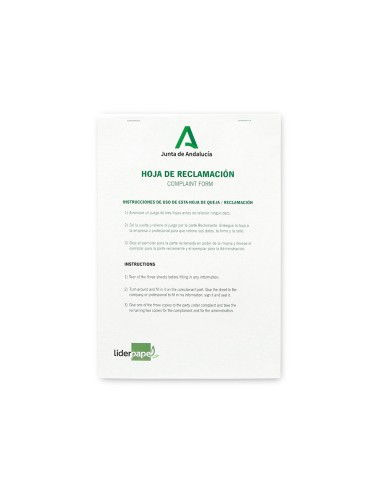 Libro liderpapel hojas de reclamaciones junta de andalucia din a4 25 juegos original 2 copias