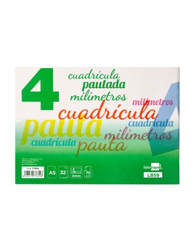 Libreta liderpapel pautaguia tapa cartoncillo 32 hojas din a5 70 g cuadriculado pautado 4 mm apaisado con margen