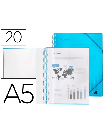 Carpeta liderpapel escaparate con espiral 20 fundas polipropileno din a5 azul