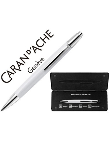 Boligrafo caran d ache alchemix cuerpo laca blanca adornos cromados brillante con estuche punta media