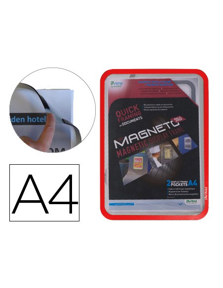 Marco porta anuncios tarifold magneto din a4 con 4 bandas magneticas en el dorso color rojo pack de 2 unidades
