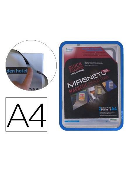 Marco porta anuncios tarifold magneto din a4 con 4 bandas magneticas en el dorso color azul pack de 2 unidades