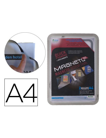 Marco porta anuncios tarifold magneto din a4 con 4 bandas magneticas en el dorso color plata pack de 2 unidades