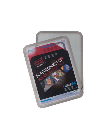 Marco porta anuncios tarifold magneto din a4 con 4 bandas magneticas en el dorso color plata pack de 2 unidades