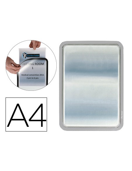 Marco porta anuncios tarifold magneto din a4 dorso adhesivo removible color gris pack de 2 unidades