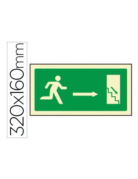 Pictograma syssa senal de salida emergencia derecha escalera bajando en pvc fotoluminiscente 320x160 mm