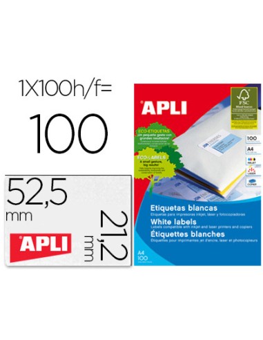 Etiqueta adhesiva apli 1284 tamano 525 x 212 mm para fotocopiadora laser ink jet caja con 100 hojas din a4