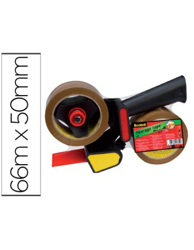 Portarrollo scotch para embalaje heavy duty bajo ruido con 2 rollos de cintas marron 50mm x 66mt