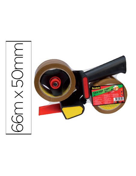 Portarrollo scotch para embalaje heavy duty bajo ruido con 2 rollos de cintas marron 50mm x 66mt