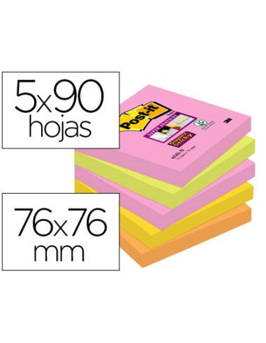 Bloc de notas adhesivas quita y pon post it super sticky 76x76 mm con 90 hojas pack de 5 bloc colores surtidos