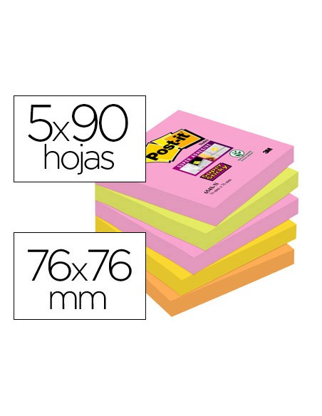 Bloc de notas adhesivas quita y pon post it super sticky 76x76 mm con 90 hojas pack de 5 bloc colores surtidos
