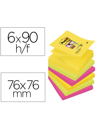 Bloc de notas adhesivas quita y pon post it super sticky 76x76 mm con 90 hojas pack de 6 bloc colores surtidos