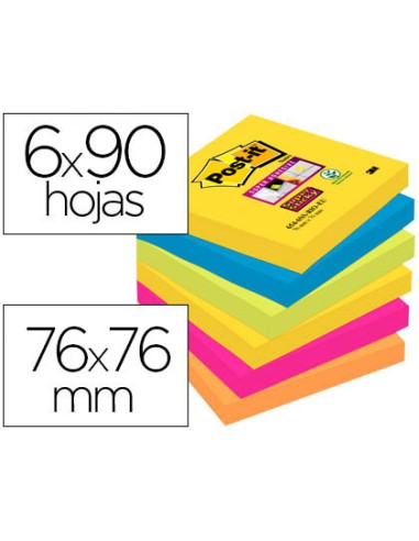 Bloc de notas adhesivas quita y pon post it super sticky 76x76 mm con 90 hojas pack de 6 bloc colores surtidos