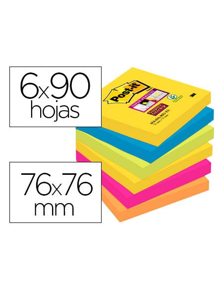 Bloc de notas adhesivas quita y pon post it super sticky 76x76 mm con 90 hojas pack de 6 bloc colores surtidos