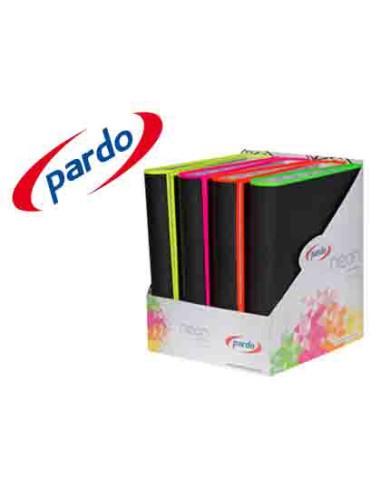 Carpeta pardo 4 anillas 40mm carton forrado din a4 lomo recto con borde neon colores surtidos expositor de 8