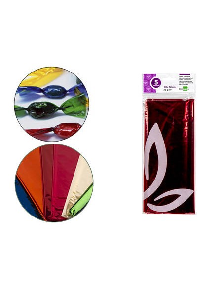Papel celofan liderpapel 50x70 cm 22g m2 bolsa de 5 hojas rojo