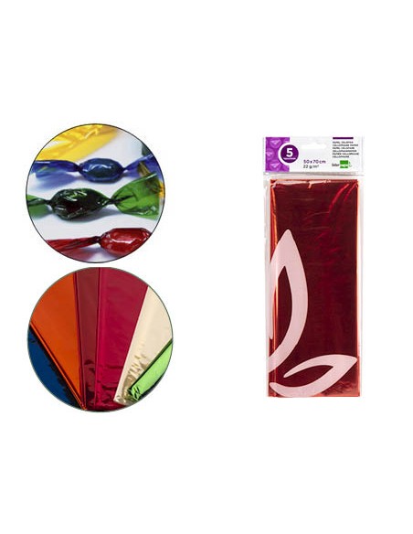 Papel celofan liderpapel 50x70 cm 22g m2 bolsa de 5 hojas naranja