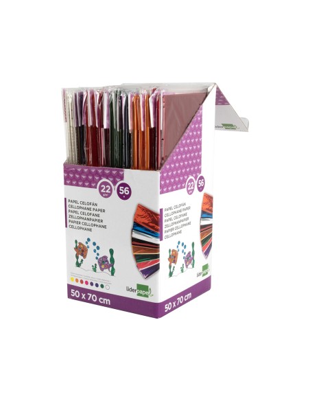 Papel celofan liderpapel 50x70 cm expositor de 56 bolsas de 5 hojas 8 colores surtidos Papel celofan liderpapel 50x70 cm expositor de 56 bolsas de 5 hojas 8 colores surtidos