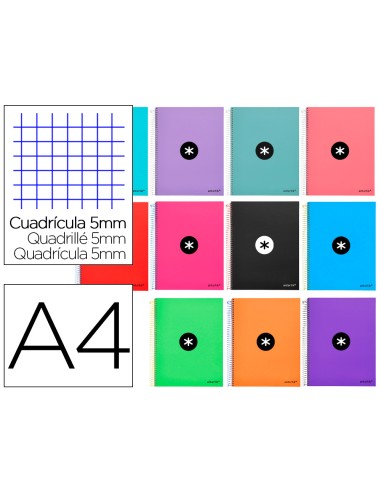 Cuaderno espiral a4 micro antartik tapa forrada120h 100 gr cuadro 5mm 5 bandas 4 taladros colores surtidos s surtidos s
