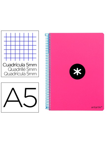 Cuaderno espiral liderpapel a5 antartik tapa dura 80h 100 g cuadro 5mm con margen color rosa fluor