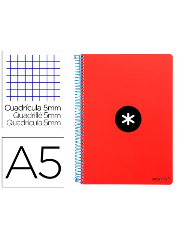 Cuaderno espiral liderpapel a5 antartik tapa dura 80h 100 gr cuadro 5mm con margen color rojo