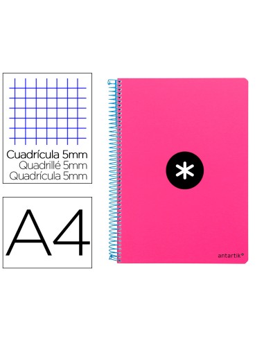Cuaderno espiral liderpapel a4 micro antartik tapa dura 80h 100 gr cuadro 5mm sin bandas 4 taladros color rosa fluor