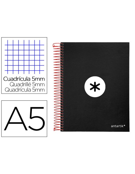 Cuaderno espiral a5 micro antartik tapa forrada120h 90 gr cuadro 5mm 5 bandas6 taladros color negro