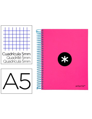 Cuaderno espiral a5 micro antartik tapa forrada120h 100 gr cuadro 5mm 5 bandas 6 taladros color rosa