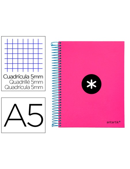 Cuaderno espiral a5 micro antartik tapa forrada120h 100 gr cuadro 5mm 5 bandas 6 taladros color rosa