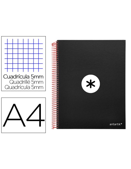 Cuaderno espiral a4 micro antartik tapa forrada120h 100 gr cuadro 5mm 5 bandas 4 taladros color negro
