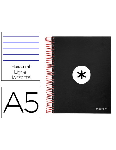 Cuaderno espiral a5 micro antartik tapa forrada 120h 90 gr horizontal 5 bandas 6 taladros color negro