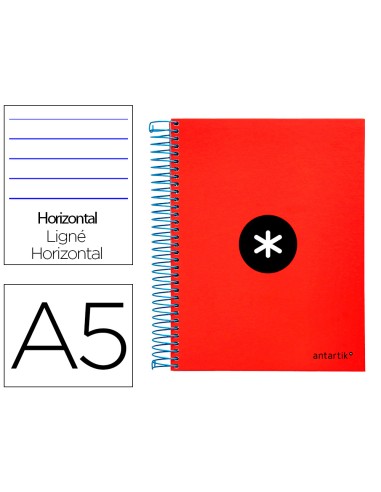 Cuaderno espiral a5 micro antartik tapa forrada 120h 90 gr horizontal 5 bandas 6 taladros color rojo