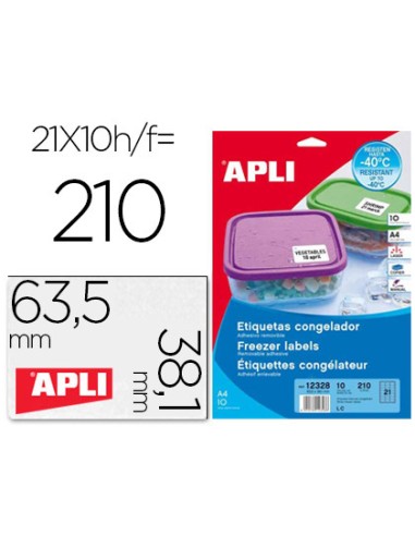 Etiqueta adhesiva apli 12328 tamano 635x381 mm para congelados caja con 10 hojas a4 blancas directiva europea