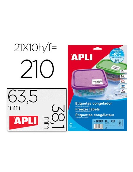 Etiqueta adhesiva apli 12328 tamano 635x381 mm para congelados caja con 10 hojas a4 blancas directiva europea