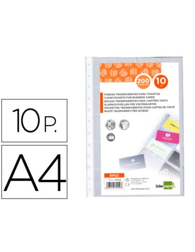 Recambio fundas liderpapel din a4 para tarjetero bolsa de 10 hojas capacidad 20 tarjetas por hoja