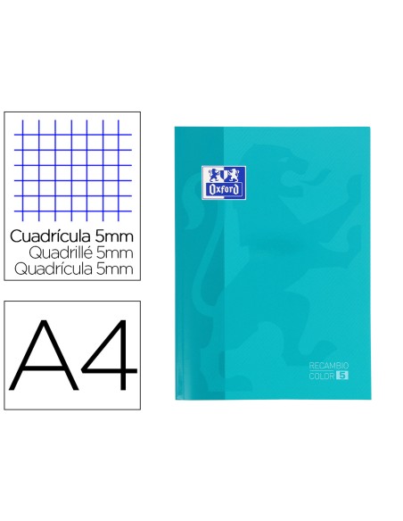 Recambio color oxford din a4 80 hojas 90 gr optik paper cuadros 5mm 4 taladros