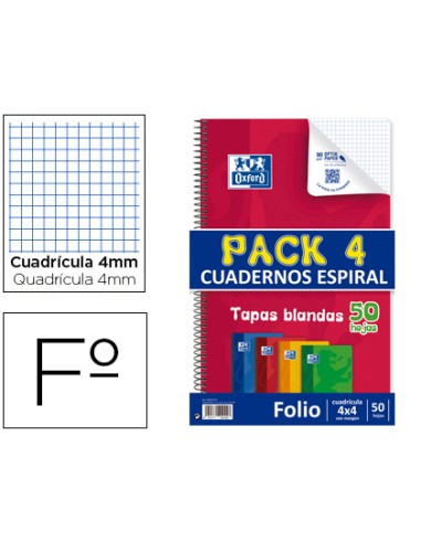 Bloc espiral oxford tapa flexible optik paper folio 50 hojas 90 gr cuadros 4 mm pack de 4