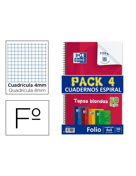 Bloc espiral oxford tapa flexible optik paper folio 50 hojas 90 gr cuadros 4 mm pack de 4