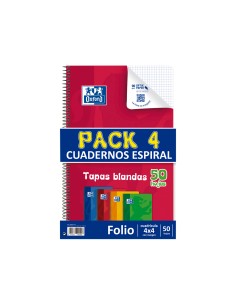 Bloc espiral oxford tapa flexible optik paper folio 50 hojas 90 gr cuadros 4 mm pack de 4