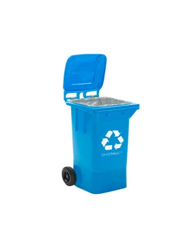 Papelera contenedor q connect plastico azul para papel y carton 100l con tapa y ruedas 750x470x370 mm