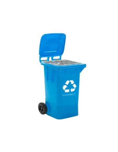 Papelera contenedor q connect plastico azul para papel y carton 100l con tapa y ruedas 750x470x370 mm