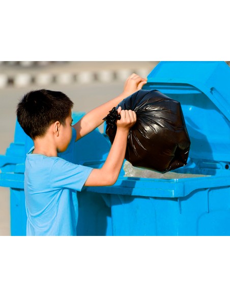 Papelera contenedor q connect plastico azul para papel y carton 100l con tapa y ruedas 750x470x370 mm