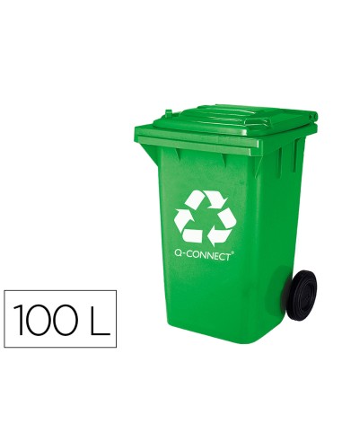 Papelera contenedor q connect plastico verde para envases de vidrio 100l con tapa y ruedas 750x470x370 mm