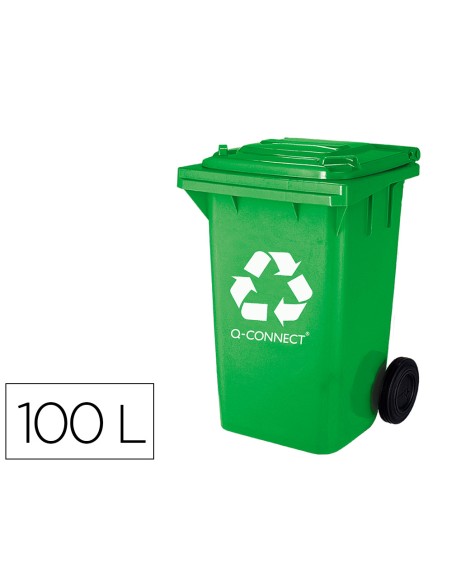 Papelera contenedor q connect plastico verde para envases de vidrio 100l con tapa y ruedas 750x470x370 mm