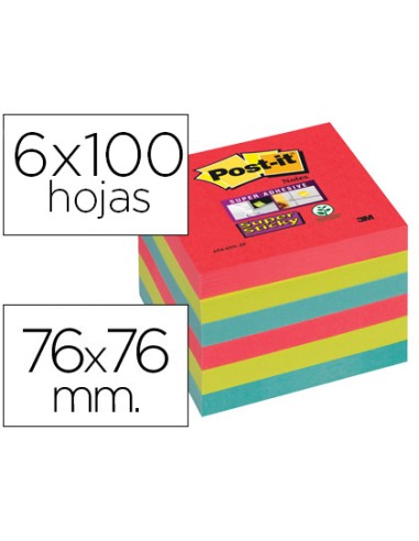 Bloc de notas adhesivas quita y pon post it super sticky 76x76 mm con 6 bloc 2 rojos verde neon azul