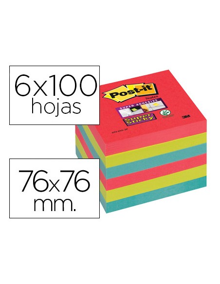 Bloc de notas adhesivas quita y pon post it super sticky 76x76 mm con 6 bloc 2 rojos verde neon azul